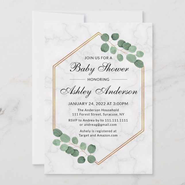 Invitation Baby shower de marbre Eucalyptus (Devant)