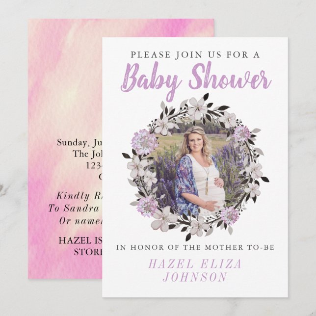 Invitation Baby shower de maternité photo florale (Devant / Derrière)