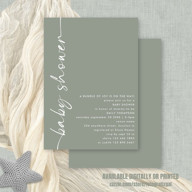 Invitation Baby shower de mesure de calligraphie pivotée mini (Front and back view. Available digitally or printed)