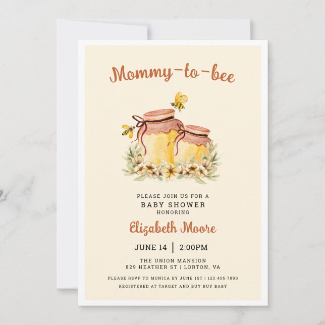 Invitation Baby shower de miel et d'abeilles (Devant)