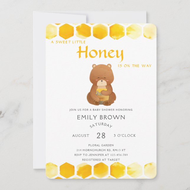 Invitation Baby shower de miel jaune ours (Devant)