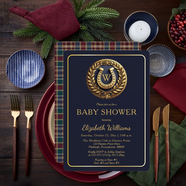 Invitation Baby shower de monogramme préppy Horseshoe Plaid (Equestrian Emblem Monogram Preppy Navy Blue and Plaid Boy Baby Shower Invitation - Print | Digital)