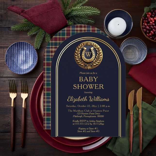 Invitation Baby shower de monogramme préppy Horseshoe Plaid (Equestrian Emblem Monogram Preppy Navy Blue and Plaid Boy Baby Shower Arched Invitation )