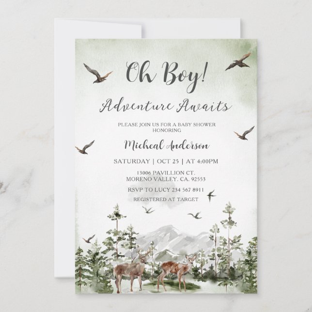 Invitation Baby shower de montagne de la forêt de cerfs de pi (Devant)