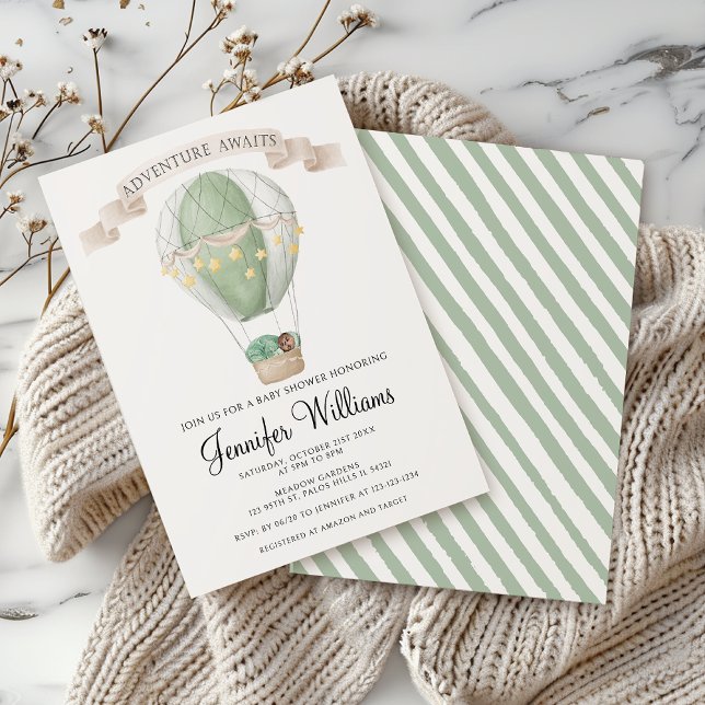 Invitation Baby shower de montgolfière verte afro-américaine (Créateur téléchargé)