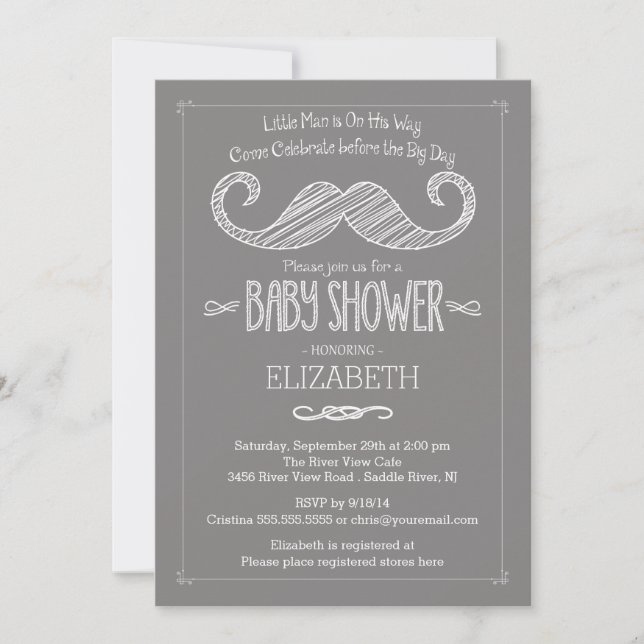 Invitation Baby shower de moustache gris moderne (Devant)