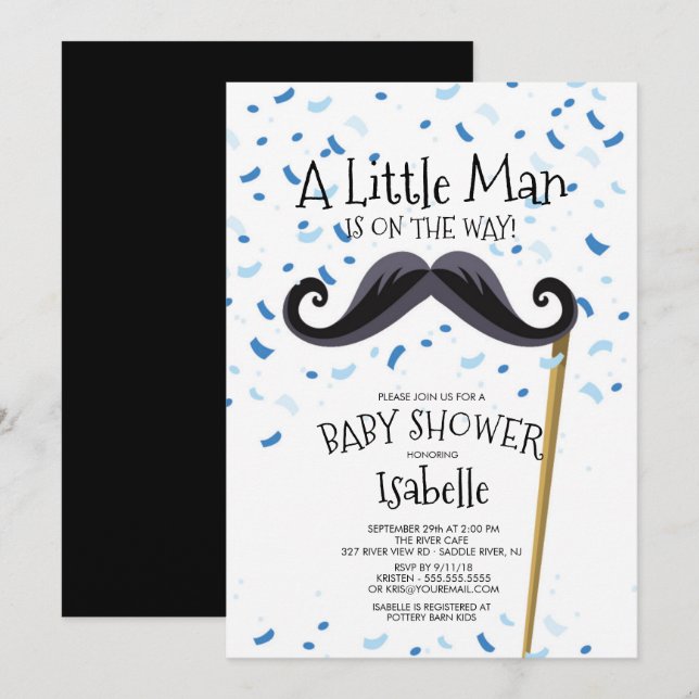 Invitation Baby shower de moustache Little Man moderne (Devant / Derrière)