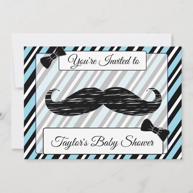 Invitation Baby shower de moustache rayé bleu et n (Devant)