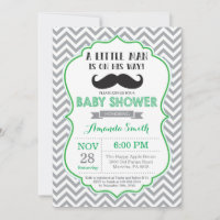 Invitation Baby shower de moustache vert et gris