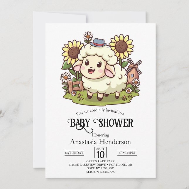 Invitation Baby shower de mouton de ferme (Devant)