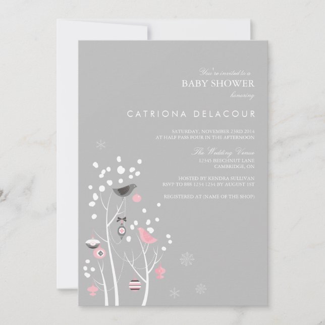 Invitation Baby shower de neige rose et gris hiver (Devant)