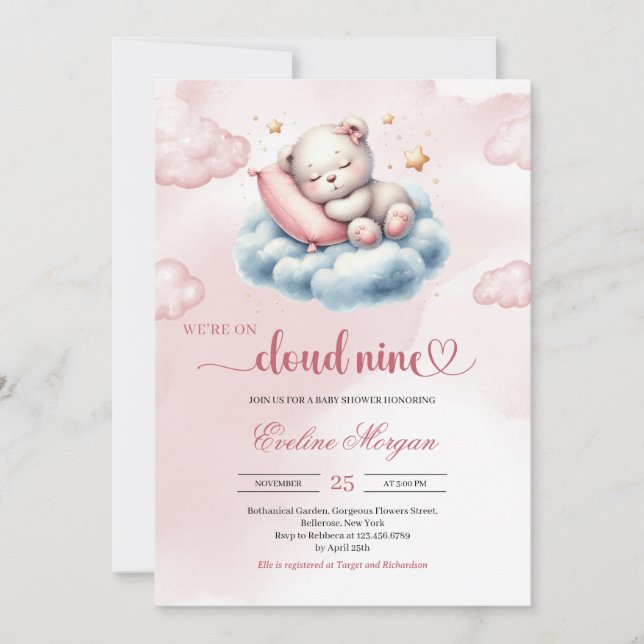 Invitation Baby shower de neuf filles de l'ours en peluche qu (Devant)