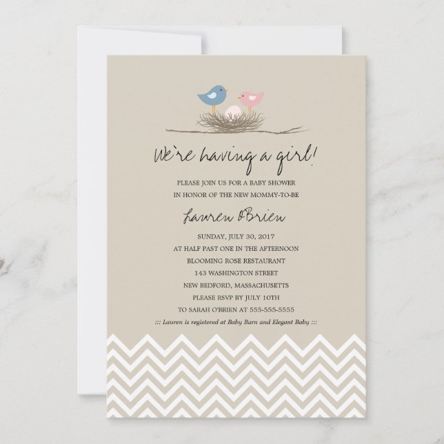Invitation Baby shower de nid de la petite fille (Devant)