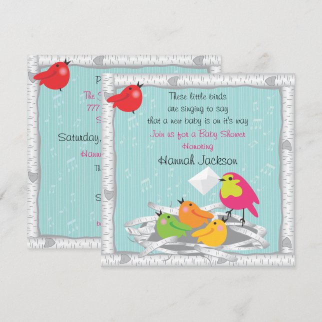Invitation Baby shower de nid d'oiseau bébé (Devant / Derrière)