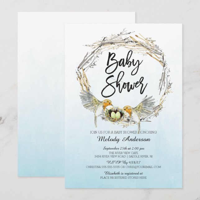 Invitation Baby shower de nid d'oiseaux aquarelle (Devant / Derrière)