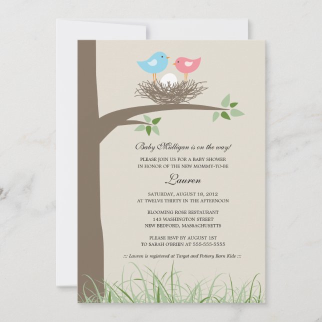 Invitation Baby shower de nid d'Oiseaux roses (Devant)