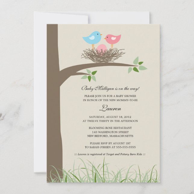 Invitation Baby shower de nid d'Oiseaux roses (Devant)