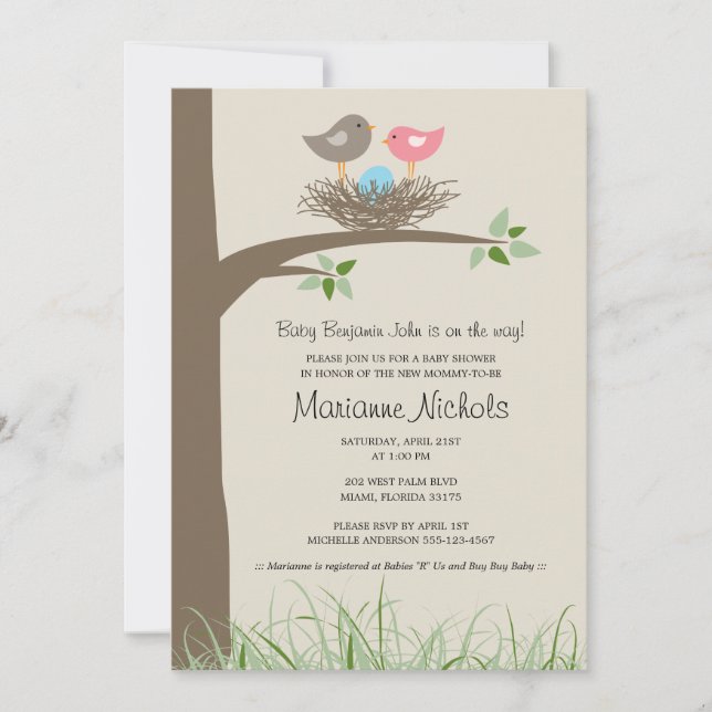 Invitation Baby shower de nid pour bébé garçon Oiseau (Devant)