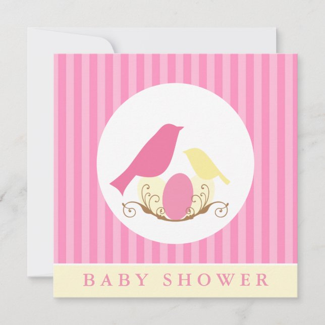 Invitation Baby shower de nidification des oiseaux roses et j (Devant)