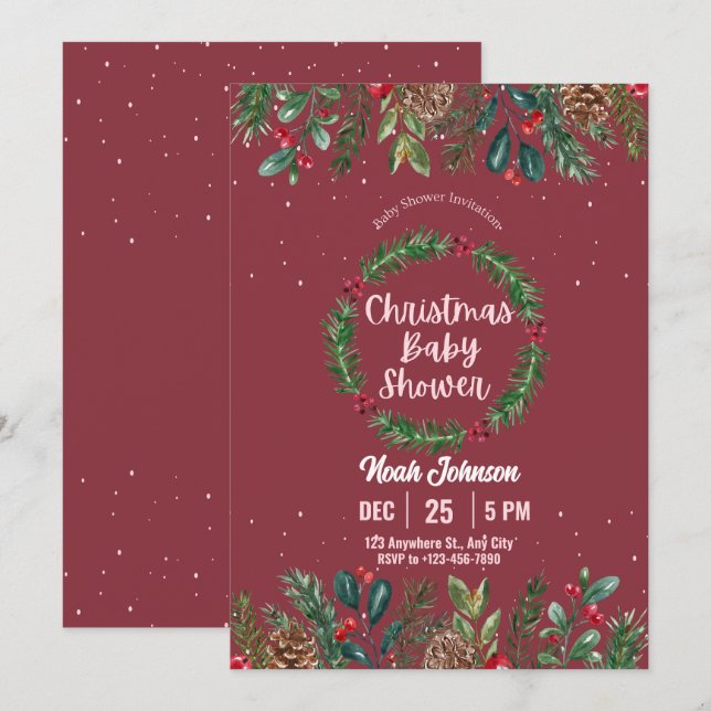 Invitation Baby shower de Noël à fleurs rouges et vertes (Devant / Derrière)