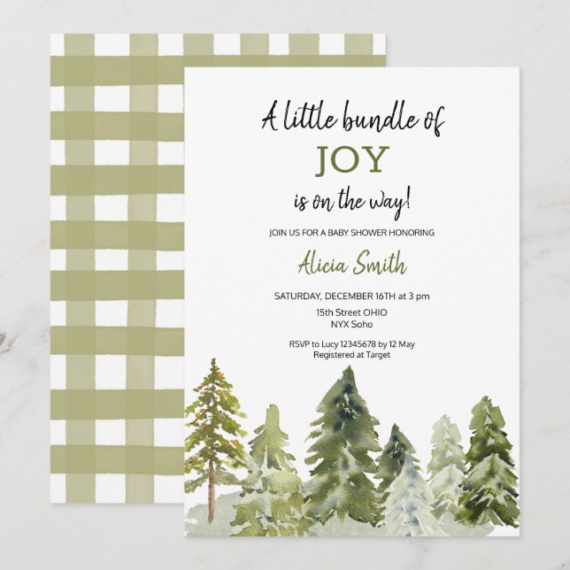 Invitation Baby shower de Noël à la Pine Forêt (Devant / Derrière)