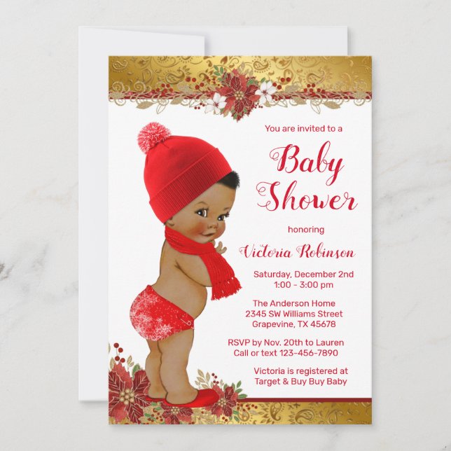 Invitation Baby shower de Noël Afro Boy Red Gold (Devant)