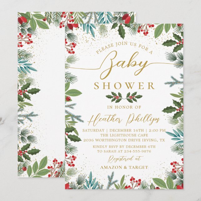 Invitation Baby shower de Noël aux baies vitrées Red Holly (Devant / Derrière)