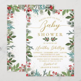Invitation Baby shower de Noël aux baies vitrées Red Holly
