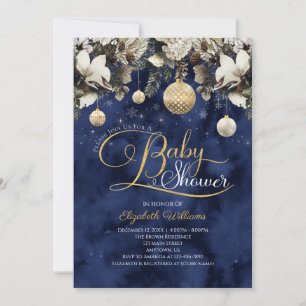 Invitation Baby shower de Noël Blue Gold Floral Ornements