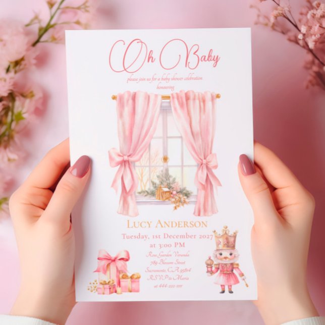 Invitation Baby shower de Noël : Casse-noisette rose aquarell (Créateur téléchargé)