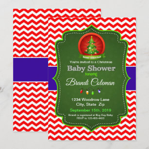 Invitation Baby shower de Noël Chevron Rouge Bleu & Vert Inv