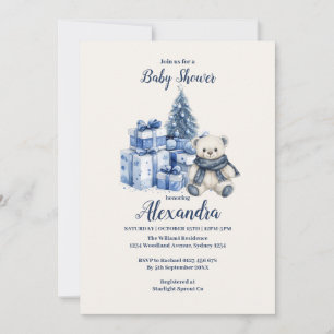 Invitation Baby shower de Noël de l'ours bleu