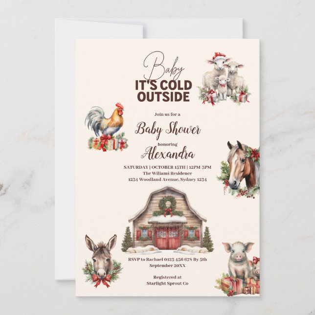 Invitation Baby shower de Noël des animaux de ferme d'hiver (Devant)