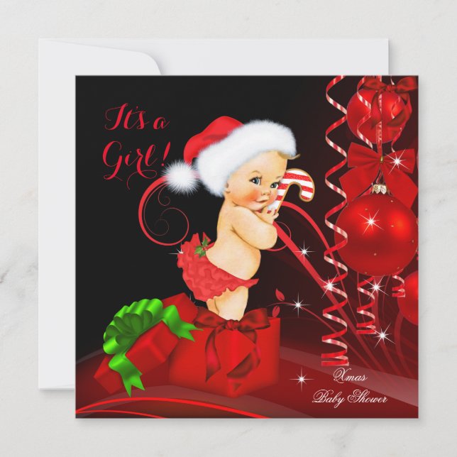 Invitation Baby shower de Noël Fille Rouge Noir Blonde (Devant)
