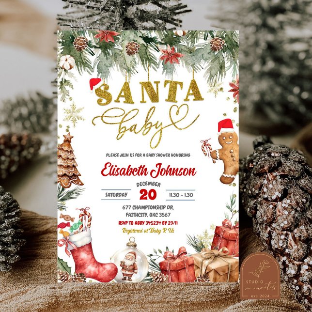 Invitation Baby shower de Noël Floral Red Père Noël (Créateur téléchargé)