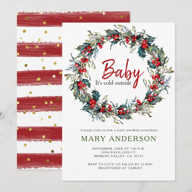 Invitation Baby shower de Noël Holly Wreath (Devant / Derrière)