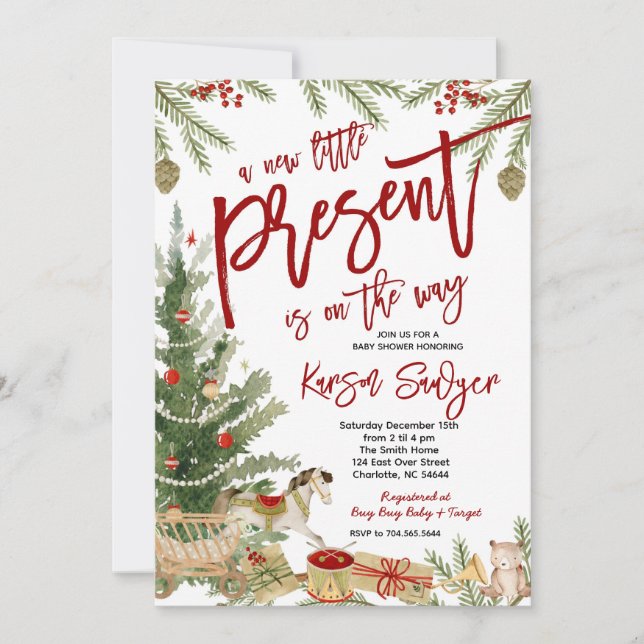 Invitation Baby shower de Noël Invitation, Nouveau présent (Devant)