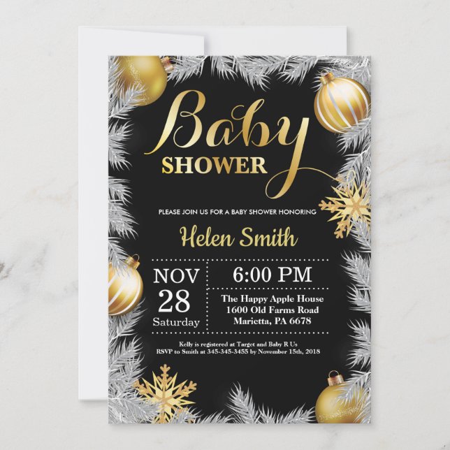 Invitation Baby shower de Noël noir et or (Devant)