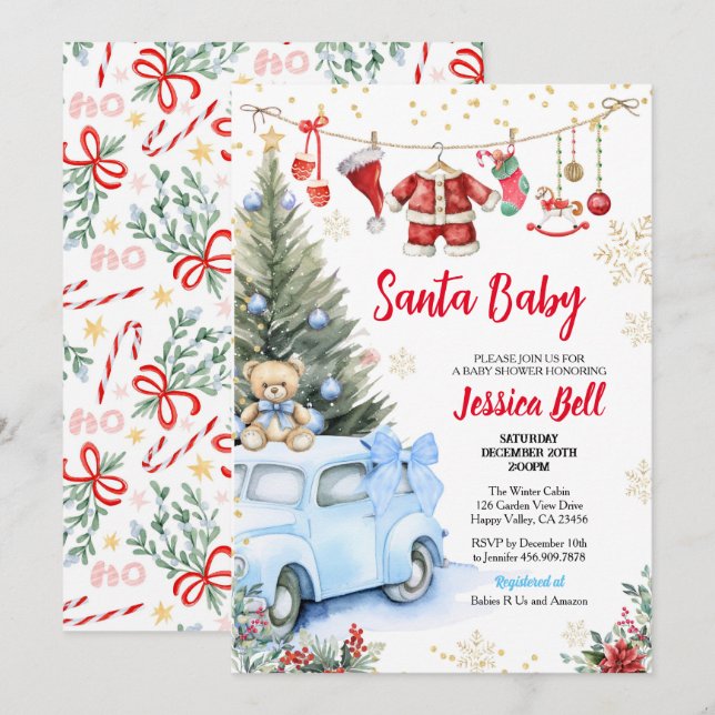 Invitation Baby shower de Noël Père Noël Boy Blue Retro Car (Devant / Derrière)