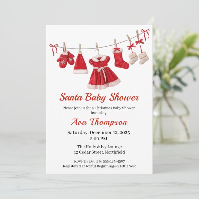 Invitation Baby shower de Noël | Père Noël Vêtements rouge et (Debout devant)
