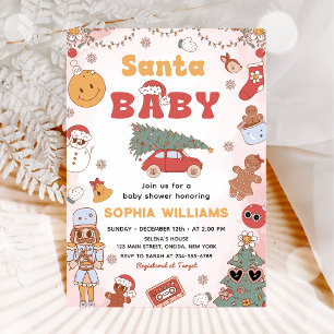 Invitation Baby shower de Noël Pink Retro Père Noël Baby