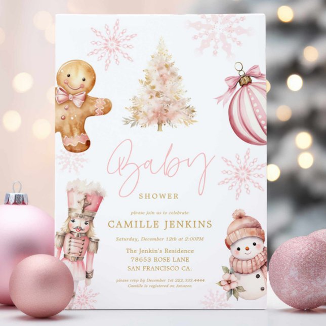 Invitation Baby shower de Noël rose pour les filles (Pink Christmas Baby Shower Invitation)
