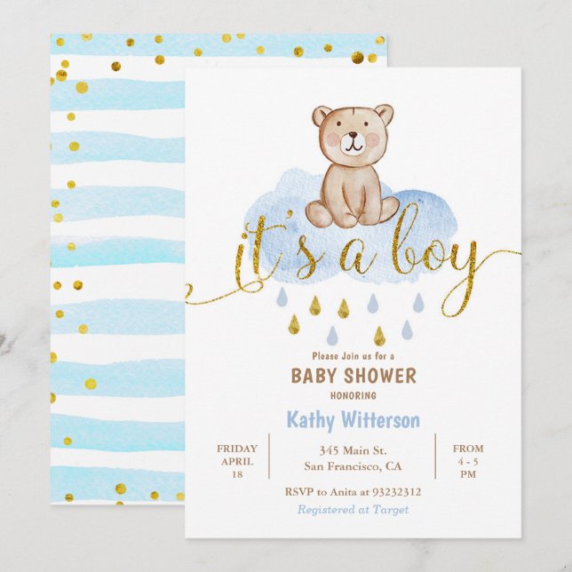 Invitation Baby shower de nuage bleu ours (Devant / Derrière)