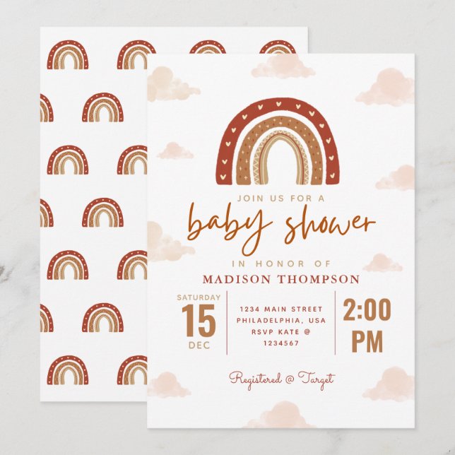 Invitation Baby shower de nuages arc-en-ciel en terre cuite m (Devant / Derrière)