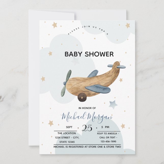 Invitation Baby shower de nuages de jouets d'avion mignons (Devant)