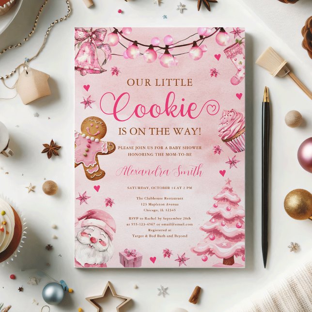 Invitation Baby shower de pain d'épice rose de Noël (Girl Christmas A Little Cookie Pink Gingerbread Baby Shower Invitation)