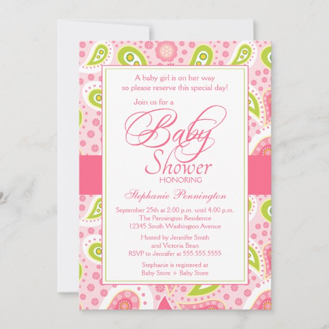 Invitation baby shower de paisley vert rose chaud (Devant)