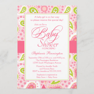 Invitation baby shower de paisley vert rose chaud
