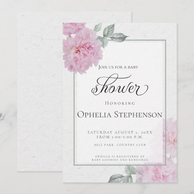 Invitation Baby shower de papier de riz rose romantique (Devant / Derrière)