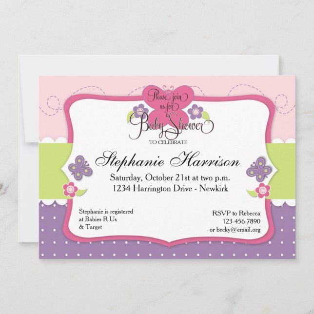 Invitation Baby shower de papillon dans rose et vert pourpres (Devant)